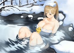 Rule 34 | 1girl, animated, animated gif, blush, branch, breasts, brown hair, bust cup, cleavage, closed mouth, collarbone, commentary, copyright request, day, english commentary, eyebrows hidden by hair, highres, huge breasts, knees up, long hair, mole, naked towel, onsen, outdoors, paid reward available, partially submerged, ponytail, rubber duck, siha, single sidelock, sitting, smile, snow, snowing, solo, swept bangs, towel, towel on head, water, wet, yellow eyes