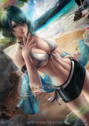 Rule 34 | 1girl, aqua hair, armlet, artist name, axsen, beach, belt, bikini, breasts, cleavage, dead or alive, dead or alive 6, dead or alive xtreme, front-tie bikini top, front-tie top, green eyes, heart, highres, large breasts, lipstick, looking at viewer, makeup, miniskirt, mole, mole under eye, multicolored hair, nail polish, navel, pink hair, skirt, solo, standing, streaked hair, swimsuit, tamaki (doa), underboob, upper body