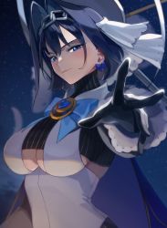 Rule 34 | 1girl, absurdres, black gloves, black hair, blue cape, blue eyes, blue ribbon, breasts, cape, chain, chain headband, cleavage cutout, clothing cutout, gloves, halo, head chain, headband, highres, hk (hk 0507), hololive, hololive english, jewelry, large breasts, looking at viewer, mechanical halo, night, ouro kronii, outdoors, ribbon, shirt, short hair, sleeveless, sleeveless shirt, solo, underboob, underboob cutout, upper body, veil, virtual youtuber