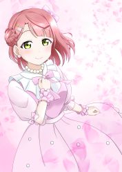Rule 34 | 1girl, absurdres, artist name, artist request, back bow, blush, bow, bowtie, braid, braided bun, breasts, clenched hand, dream with you (love live!), dress, earrings, female focus, green eyes, hair bow, hair bun, hair ornament, hairclip, haruharo (haruharo 7315), highres, jewelry, looking at viewer, love live!, love live! nijigasaki high school idol club, love live! school idol festival, medium breasts, nail, nail polish, necklace, orange hair, parted lips, pearl earrings, pearl necklace, petals, pink background, pink bow, pink bowtie, pink dress, pink nails, pink nails, pink petals, pink skirt, pink wrist cuffs, polka dot, polka dot skirt, puffy short sleeves, puffy sleeves, red hair, short hair, short sleeves, side bun, single hair bun, skirt, smile, solo, star (symbol), star hair ornament, uehara ayumu, white bow, wrist cuffs, yellow eyes