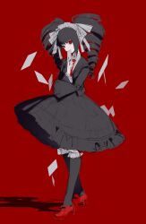 Rule 34 | 1girl, absurdres, black jacket, black skirt, black socks, celestia ludenberg, collared shirt, danganronpa: trigger happy havoc, danganronpa (series), drill hair, flowercz, hand up, highres, jacket, kneehighs, necktie, open clothes, open jacket, red background, red eyes, red footwear, red nails, red necktie, shirt, shoes, simple background, skirt, socks, solo, standing, twin drills, twintails