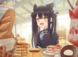 Rule 34 | 1girl, :d, animal ears, arl, baguette, black hair, blue archive, blush, bread, butter, cake, chair, chinese clothes, cup, drooling, flat chest, food, green eyes, halo, highres, long hair, open mouth, pancake, parfait, pudding, shun (blue archive), shun (small) (blue archive), smile, solo, steam, swiss roll, syrup, teacup, twintails, waffle