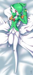 Rule 34 | 1girl, arm up, armpits, artist name, bed sheet, blush, bob cut, bracelet, breasts, capelet, capelet removed, collarbone, colored skin, creatures (company), female focus, food, from above, full body, game freak, gardevoir, gen 3 pokemon, green hair, green skin, hair over one eye, half-closed eyes, hand up, highres, holding, jewelry, junjie-oyan, knee up, looking at viewer, lying, multicolored skin, navel, nintendo, nose blush, on back, open mouth, orange capelet, pink eyes, pokemon, pokemon (creature), short hair, signature, small breasts, solo, tart (food), teeth, tongue, two-tone skin, watermark, web address, white skin