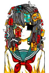 Rule 34 | 1girl, absurdres, aqua eyes, aqua sailor collar, bags under eyes, black eyes, closed mouth, commentary request, ema, empty eyes, hair ornament, half-closed eyes, hatching (texture), highres, long sleeves, looking away, matoi hakua, multicolored eyes, neckerchief, omamori, one eye covered, original, partially colored, red neckerchief, sailor collar, school uniform, serafuku, simple background, solo, too many, upper body