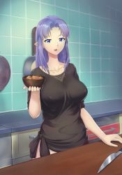 Rule 34 | 1girl, absurdres, alternate costume, blue eyes, bowl, braid, breasts, collarbone, counter, covered erect nipples, cowboy shot, fate/stay night, fate (series), food, highres, kitchen, kitchen knife, knife, large breasts, long hair, looking at viewer, medea (fate), pointy ears, purple hair, shirt, single braid, smile, solo, tied shirt, warmcummies