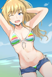Rule 34 | 1girl, armpits, bare arms, bikini, blonde hair, blue eyes, blurry, blurry background, blush, breasts, cloud, commentary request, idolmaster, idolmaster cinderella girls, long hair, medium breasts, navel, ohtsuki yui, one eye closed, open mouth, outdoors, ponytail, short shorts, shorts, smile, solo, swimsuit, teeth, unu (unucence), upper teeth only, wavy hair