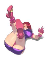 Rule 34 | 1girl, armband, ass, boots, bracelet, breasts, cameltoe, choker, closed eyes, dress, gimmerung, gloves, guardians (denjin makai 2), high heels, huge breasts, jewelry, legs up, lipstick, lying, makeup, mole, on back, panties, purple dress, red hair, red panties, thick thighs, thighs, underwear