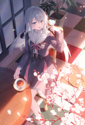 Rule 34 | 1girl, angel wings, bird, bird on hand, blue eyes, checkered floor, cherry blossoms, collared shirt, cropped jacket, crossed bangs, cup, door, falling petals, grey hair, grey jacket, grey skirt, hair intakes, high-waist skirt, highres, jacket, lace, lace-trimmed skirt, lace trim, light particles, long hair, looking at animal, neck ribbon, on chair, original, petals, plant, potted plant, red ribbon, ribbon, sailor collar, saucer, school uniform, shirt, sidelocks, sitting, skirt, solo, table, teacup, teaspoon, toosaka asagi, white hair, white sailor collar, white shirt, wings
