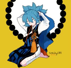 Rule 34 | 10s, 1boy, adjusting hair, arms up, artist name, bandages, barefoot, blue eyes, blue hair, dated, english text, full body, japanese clothes, l hakase, male focus, matching hair/eyes, mouth hold, sayo samonji, seiza, simple background, sitting, solo, touken ranbu