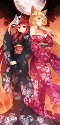 Rule 34 | 2girls, animal ears, autumn leaves, blonde hair, blush, breasts, cat ears, cleavage, collarbone, floral print, full moon, gradient background, hand on own chin, hannya, highres, japanese clothes, kimono, large breasts, long hair, looking at viewer, mask, moon, multiple girls, obi, off shoulder, parted lips, red eyes, red hair, sash, sky, smile, standing, ueda ryou, very long hair