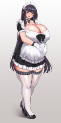 Rule 34 | 1girl, apron, big belly, black hair, blunt bangs, blush, bow, breasts, choker, cleavage, collarbone, curvy, detached collar, dress, eyebrows hidden by hair, female focus, frilled apron, frilled dress, frilled sleeves, frills, full body, gloves, high heels, highres, huge breasts, lace, lace-trimmed gloves, lace-trimmed legwear, lace trim, long hair, looking at viewer, maid, maid apron, maid headdress, mole, mole on breast, mole under eye, open mouth, original, ponchi (menchi0925), pregnant, pumps, purple eyes, shiny skin, skindentation, smile, solo, thick thighs, thighhighs, thighs, veins, veiny breasts, very long hair, wide hips
