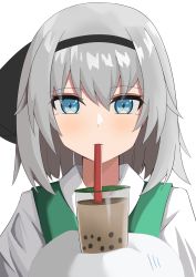 Rule 34 | 1girl, absurdres, black hairband, blue eyes, bubble tea challenge, drinking straw, ghost, grey hair, hairband, highres, konpaku youmu, konpaku youmu (ghost), looking at viewer, ramiki, short hair, simple background, solo, touhou, upper body, white background