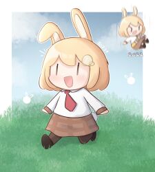 Rule 34 | 2girls, :d, absurdres, animal ears, blonde hair, blush, brown footwear, chibi, cloud, cloudy sky, collared shirt, commentary, grass, ground pound, hair ornament, happy new year, highres, hololive, hololive english, light blush, moon ldl, multiple girls, necktie, new year, on grass, open mouth, plaid, plaid skirt, rabbit ears, rabbit tail, red necktie, shirt, short hair, skirt, sky, smile, smol ame, tail, thighhighs, virtual youtuber, walfie (style), walking, watson amelia, white shirt