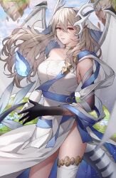 Rule 34 | 1girl, ai tkkm, corrin (female) (adrift) (fire emblem), corrin (female) (fire emblem), corrin (fire emblem), crystal, detached sleeves, dragon girl, dragon horns, dragon tail, dragon wings, dress, fire emblem, fire emblem fates, fire emblem heroes, floating island, grey hair, highres, horns, looking at viewer, nintendo, official alternate costume, own hands together, pointy ears, ribbon, side slit, single-shoulder dress, single detached sleeve, single thighhigh, solo, tail, thighhighs, white thighhighs, wings