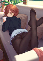 Rule 34 | 1girl, black pantyhose, brown eyes, brown hair, cellphone, commentary, couch, crossed ankles, foreshortening, from behind, grey skirt, hair ornament, hairclip, highres, higuchi madoka, holding, holding phone, idolmaster, idolmaster shiny colors, long sleeves, looking at viewer, looking back, lying, mole, mole under eye, nev (nevblindarts), no shoes, on couch, on stomach, panties, panties under pantyhose, pantyhose, parted lips, phone, pillow, plaid, plaid skirt, pleated skirt, short hair, skirt, smartphone, solo, the pose, thighband pantyhose, underwear, white panties