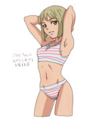 Rule 34 | 10s, 1girl, @@@, armpits, arms behind head, bad id, bad pixiv id, blonde hair, green eyes, huang baoling, navel, panties, short hair, simple background, solo, sports bra, striped clothes, striped panties, striped sports bra, tiger &amp; bunny, underwear, underwear only, white background