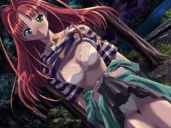 Rule 34 | 1girl, blush, dutch angle, game cg, lowres, palette (object), red hair, shirt, solo, striped clothes, striped shirt