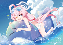 Rule 34 | 1girl, 1other, :d, aa2233a, ahoge, bare back, bikini, blue archive, blue sky, character name, cloud, cloudy sky, commentary request, english text, eyewear on head, facebook logo, facebook username, frilled bikini, frills, hair between eyes, hair bobbles, hair ornament, halo, heterochromia, highres, horizon, hoshino (blue archive), hoshino (swimsuit) (blue archive), innertube, long hair, looking at viewer, lying, midriff, ocean, official alternate costume, on stomach, open mouth, pink hair, pixiv id, pixiv logo, sidelocks, sky, sleeveless, smile, solo, stuffed whale, sunglasses, swim ring, swimsuit, twitter logo, twitter username, wet, wet clothes, wet swimsuit, white bikini