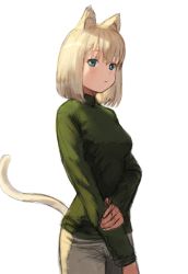 Rule 34 | 1girl, animal ears, bad id, bad pixiv id, blonde hair, blue eyes, breasts, cat ears, cat girl, cat tail, cowboy shot, from side, green sweater, looking at viewer, medium breasts, original, short hair, simple background, solo, sweater, tail, wasabi60, white background