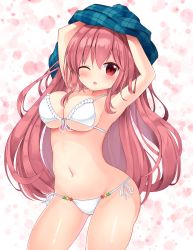 Rule 34 | 1girl, ;o, absurdres, armpits, arms up, bare shoulders, bikini, blue shirt, blush, breasts, commentary request, cowboy shot, frilled bikini, frills, front-tie bikini top, front-tie top, groin, hair between eyes, hata no kokoro, highres, large breasts, long hair, looking at viewer, navel, one eye closed, open mouth, pink hair, plaid, plaid shirt, red eyes, shirt, side-tie bikini bottom, solo, standing, stomach, suigetsu (watermoon-910), swimsuit, thighs, touhou, undressing, very long hair, white background, white bikini