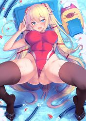 Rule 34 | 1girl, :d, akai haato, arm behind back, bare shoulders, blonde hair, blue eyes, blush, braid, breasts, cameltoe, cleavage, cleft of venus, flippers, gluteal fold, haaton (akai haato), hair ornament, hairband, highres, hololive, hose, kickboard, large breasts, long hair, looking at viewer, lying, navel, on back, open mouth, pool, scrunchie, smile, solo, spread legs, swim cap, swimsuit, taut clothes, taut swimsuit, thighhighs, thighs, tight clothes, twin braids, twintails, v, very long hair, virtual youtuber, water, wet, yoshiheihe