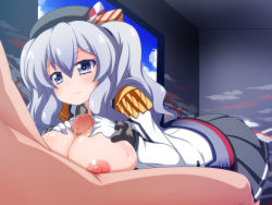 Rule 34 | 10s, 1girl, :3, breasts, censored, epaulettes, gloves, grey eyes, grey hair, hat, highres, kantai collection, kashima (kancolle), large breasts, long hair, mosaic censoring, nipples, oborotsuki kakeru, out of frame, paizuri, penis, pleated skirt, skirt, solo focus, twintails, white gloves