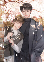Rule 34 | 2boys, bag, black hair, black pants, black sweater, blurry, brick wall, brown eyes, brown hair, cherry blossoms, cherry tree, closed mouth, coat, commentary, cowboy shot, dappled sunlight, day, depth of field, falling petals, grey coat, hands in pockets, hands up, height difference, highres, holding, holding bag, leaning to the side, light frown, light smile, lips, long sleeves, looking at viewer, male focus, multiple boys, nolang, open clothes, open coat, original, outdoors, pants, peeking out, petals, school uniform, shirt, short hair, shoulder bag, side-by-side, sleeveless, sleeveless sweater, standing, sunlight, sweater, sweater vest, symbol-only commentary, tree shade, turtleneck, turtleneck sweater, v-neck, white shirt