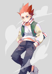 Rule 34 | 1boy, absurdres, blue eyes, closed mouth, commentary request, denim, green jacket, hands in pockets, highres, jacket, jeans, letterman jacket, looking at viewer, male focus, midriff peek, mob psycho 100, mogutofuoes, orange hair, pants, popped collar, shirt, solo, spiked hair, standing, standing on one leg, suzuki shou, v-shaped eyebrows, white shirt