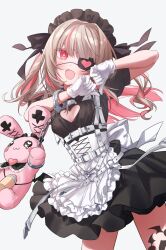 Rule 34 | 1girl, apron, ashita kura, belt, black dress, blush, breasts, brown hair, cleavage cutout, clothing cutout, colored inner hair, cuffs, dress, eyepatch, fangs, gloves, grey background, heart, heart-shaped pupils, heart cutout, heart eyepatch, highres, leg tattoo, long hair, looking at viewer, maid, maid apron, maid headdress, makaino ririmu, makaino ririmu (5th costume), multicolored hair, nijisanji, open mouth, pink hair, print eyepatch, puffy short sleeves, puffy sleeves, red eyes, short sleeves, simple background, small breasts, smile, solo, streaked hair, stuffed animal, stuffed toy, symbol-shaped pupils, tattoo, virtual youtuber, white apron, white belt, white gloves, wrist cuffs