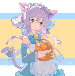 Rule 34 | 1girl, animal ears, apron, artist name, basket, blue bow, blue bowtie, blue dress, bow, bowtie, breasts, cat ears, cat girl, cat tail, closed mouth, crossed bangs, detached sleeves, dress, green eyes, highres, holding, holding basket, maid apron, maid headdress, maimai (game), otarc, purple hair, salt (maimai), short hair, small breasts, smile, solo, tail, upper body, white apron