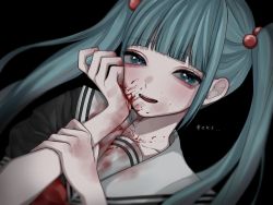 Rule 34 | 0mdjn0, 1girl, anazawa nijimi, blood, blood on clothes, blood on face, blood on hands, blue eyes, blue hair, blunt bangs, blush, bow, bowtie, fangs, hair bobbles, hair ornament, hand on own cheek, hand on own face, hand up, heart, heart in eye, highres, holding own arm, long hair, looking at viewer, mahou shoujo site, open mouth, school uniform, serafuku, short sleeves, slit pupils, smile, solo, symbol in eye, translation request, twintails