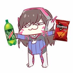 Rule 34 | &gt;:3, 1girl, :3, bottle, chibi, d.va (gremlin), d.va (overwatch), doodle, doritos, facial mark, headset, kvlen, mountain dew, overwatch, overwatch 1, pilot suit, product placement, simple background, solo, third-party edit, v-shaped eyebrows, whisker markings, white background