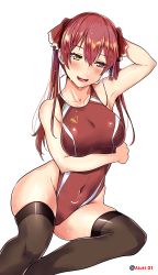 Rule 34 | 1girl, absurdres, aiuti, black thighhighs, breasts, collarbone, commentary request, competition swimsuit, covered navel, fangs, heterochromia, highres, hololive, houshou marine, long hair, medium breasts, one-piece swimsuit, red eyes, red hair, red one-piece swimsuit, simple background, solo, swimsuit, thighhighs, twintails, twitter username, virtual youtuber, wet, white background, yellow eyes