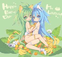 Rule 34 | 2girls, alternate color, animal ears, arms around waist, bad id, bad pixiv id, birthday, blade (galaxist), blue eyes, blue hair, breast press, breasts, cat ears, cat tail, cham cham, dual persona, flat chest, food, fruit, green eyes, green hair, hug, multiple girls, no panties, paw shoes, samurai spirits, shoes, small breasts, symmetrical docking, tail