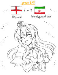 Rule 34 | 1girl, 2022 fifa world cup, blush, braid, closed eyes, commentary request, cropped torso, crown, dress, english flag, flag, french braid, hair between eyes, iranian flag, jewelry, kantai collection, long hair, mini crown, necklace, off-shoulder dress, off shoulder, open mouth, simple background, sketch, solo, suda (yuunagi enikki), upper body, warspite (kancolle), white background, world cup