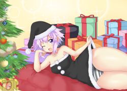 Rule 34 | 1girl, :d, ;d, bare shoulders, black panties, black santa costume, blush, box, breasts, cameltoe, christmas, christmas ornaments, christmas tree, cleft of venus, clothes lift, collarbone, commentary, dimension252525, dogoo, dress, dress lift, english commentary, food, futon, gift, gift box, hand on own chin, happy, hat, head rest, highres, large breasts, lens flare, looking at viewer, lying, neptune (neptunia), neptune (series), on side, one eye closed, open box, open mouth, panties, pink hair, pudding, santa costume, santa hat, short hair, smile, solo, striped clothes, striped panties, thighs, underwear, white panties, yellow background