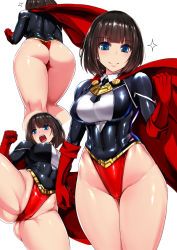 Rule 34 | 1girl, ass, black hair, blue eyes, blush, bob cut, breasts, cape, clenched hand, commentary request, covered navel, gloves, highleg, highleg leotard, highres, hime cut, ishimiso (ishimura), large breasts, leotard, looking at viewer, multiple views, nose blush, open mouth, original, red cape, shiny clothes, shiny skin, short hair, skin tight, smile, sparkle, superhero costume, thighs, thong leotard, white background