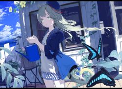 Rule 34 | 1girl, absurdres, animal ears, bug, butterfly, cat ears, grey eyes, grey hair, highres, bug, long hair, mikisai, ocean, original, outdoors, plant, solo, tail, thighs, watering can