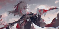 Rule 34 | absurdres, armor, bandaged hand, bandages, blood, blood on clothes, blood on face, chichi1396814, closed mouth, cloud, cloudy sky, day, fingerless gloves, genshin impact, gloves, grey hair, hair between eyes, highres, holding, holding sword, holding weapon, japanese armor, japanese clothes, kaedehara kazuha, katana, leaf print, male focus, multicolored hair, outdoors, rain, red eyes, red hair, sky, solo, streaked hair, sword, tassel, upper body, weapon, wide sleeves, wiping blood