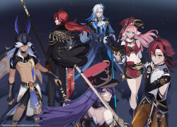 Rule 34 | 2girls, 4boys, antlers, armor, breasts, cane, chevreuse (genshin impact), cleavage, cyno (genshin impact), dark-skinned male, dark skin, diluc (genshin impact), genshin impact, greatsword, green eyes, gun, hair over one eye, hat, highres, hiki yuichi, holding, holding gun, holding polearm, holding sword, holding weapon, horns, japanese armor, japanese clothes, kote, kurokote, long hair, looking at viewer, medium breasts, midriff, multiple boys, multiple girls, neuvillette (genshin impact), pink hair, polearm, purple hair, red eyes, red hair, shikanoin heizou, simple background, spear, stomach, sword, weapon, yanfei (genshin impact)