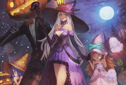 Rule 34 | 3girls, bare shoulders, bare tree, blonde hair, blue hair, bow, bowtie, breasts, child, cleavage, closed eyes, cloud, dress, elbow gloves, flying sweatdrops, formal, full moon, ghost, gloves, grey hair, halloween, hand on headwear, hat, hat tug, holding, jack-o&#039;-lantern, lens flare, light particles, long hair, meto31, moon, multiple girls, night, original, outdoors, parted lips, pink eyes, pumpkin, purple dress, purple gloves, star (sky), suit, tears, traditional bowtie, tree, wand, witch, witch hat