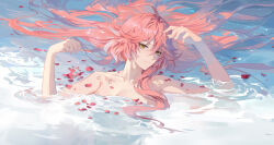 1girl bare_shoulders body_markings breasts changli_(wuthering_waves) closed_mouth commentary completely_nude english_commentary hair_between_eyes hair_spread_out hands_up highres large_breasts long_hair looking_at_viewer multicolored_hair nude onsen outdoors partially_submerged pink_hair red_petals ruoruoqiu sidelocks solo streaked_hair very_long_hair water wuthering_waves yellow_eyes