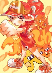 Rule 34 | 1girl, :o, absurdres, blush, chips (food), clenched hands, commentary request, cross-laced footwear, curly hair, food, full body, gradient hair, hand on own hip, highres, looking at viewer, multicolored hair, nintendo, octoling, octoling girl, octoling player character, open mouth, orange hair, outstretched arm, oversized clothes, payayo884, ponytail, potato chips, red eyes, red hair, red shirt, shirt, short sleeves, signature, solo, splatoon (series), splatoon 3, standing, suction cups, tentacle hair, twitter username, two-tone eyes, two-tone hair, visor cap, white footwear, wristband, yellow eyes, yellow wristband