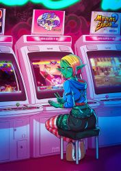 Rule 34 | 2022, arcade cabinet, back tattoo, bernhard binder, blonde hair, blue eyes, brand name imitation, breasts, bust a move, capcom, colored skin, cropped hoodie, crossed legs, dio brando, earrings, fishnets, green skin, heterochromia, highres, hol horse, hood, hoodie, hoop earrings, iggy (jojo), jean pierre polnareff, jewelry, jojo no kimyou na bouken, kakyoin noriaki, kuujou jolyne, large breasts, leg tattoo, looking at viewer, looking back, metal slug, monster girl, multiple earrings, narciso anasui, o-ring, orange eyes, original, parody, pointy ears, puzzle bobble, ring, shoes, short shorts, shorts, signature, sitting, sneakers, snk, stardust crusaders, stitched face, stitches, stone ocean, stool, striped clothes, striped thighhighs, taito, tattoo, thighhighs, tramp stamp, v, vanilla ice, x-men vs. street fighter
