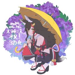 Rule 34 | 1girl, absurdres, animal ear fluff, animal ears, bell, black choker, black hair, black skirt, blush, character name, choker, closed mouth, commentary, congratulations, dated, detached sleeves, flower, full body, hair ornament, hairclip, high heels, highres, holding, holding umbrella, hololive, hydrangea, japanese clothes, kouhaku nawa, looking at viewer, multicolored hair, ookami mio, ookami mio (1st costume), oshiruko (oshiruco 212048), purple flower, red hair, rope, sandals, shimenawa, skirt, squatting, tabi, tail, umbrella, virtual youtuber, wedge heels, white background, white legwear, wolf ears, wolf tail, yellow eyes