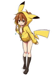 Rule 34 | 1girl, :d, brown hair, cosplay, creatures (company), folded ponytail, game freak, gen 1 pokemon, highres, hood, hoodie, inazuma (kancolle), kantai collection, lightning bolt symbol, long hair, naked hoodie, nintendo, no bra, open clothes, open hoodie, open mouth, pikachu, pikachu (cosplay), plover, pokemon, sketch, smile, solo, tail