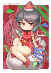 Rule 34 | 1girl, alternate costume, asymmetrical wings, black hair, blue wings, blush, bomb item (touhou), bow, bowtie, christmas, closed mouth, commentary request, dated, dress, expressionless, footwear bow, full body, fur-trimmed headwear, fur trim, hat, highres, houjuu nue, looking at viewer, pom pom (clothes), power item (touhou), red bow, red bowtie, red eyes, red footwear, red hat, red wings, sack, santa hat, shoes, short dress, short hair, short sleeves, solo, touhou, ufo, wings, yawdeone
