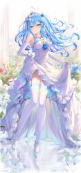Rule 34 | 1girl, :o, ahoge, alternate costume, alternate hairstyle, blue hair, blush, breasts, colored tips, dress, elbow gloves, elf, floating hair, gloves, heart, heart ahoge, high heels, highres, hololive, jewelry, large breasts, long hair, looking at viewer, multicolored hair, necklace, pointy ears, rin yuu, solo, streaked hair, thighhighs, tiara, two side up, virtual youtuber, walking, wedding dress, white dress, white footwear, white thighhighs, yukihana lamy