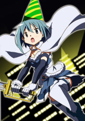 Rule 34 | 10s, 1girl, blue eyes, blue hair, breasts, cape, cleavage, detached sleeves, female focus, fumiko (mesushi), gloves, hat, magical girl, mahou shoujo madoka magica, mahou shoujo madoka magica (anime), matching hair/eyes, miki sayaka, open mouth, outdoors, skirt, small breasts, solo, sword, thighhighs, weapon