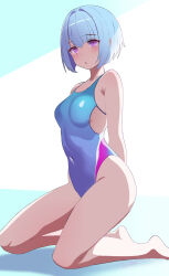 Rule 34 | 1girl, absurdres, arms behind back, barefoot, batta 16-sei, blue hair, blue one-piece swimsuit, commentary request, competition swimsuit, covered navel, eyebrows hidden by hair, full body, highleg, highleg swimsuit, highres, kneeling, looking at viewer, multicolored clothes, multicolored swimsuit, one-piece swimsuit, original, purple eyes, short hair, solo, swimsuit